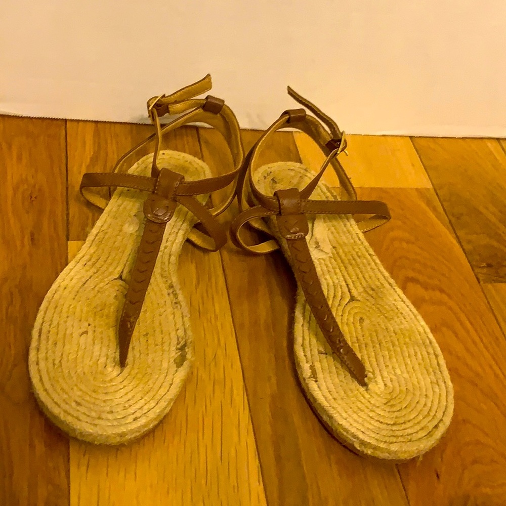 Jack Rogers Brown Whipstitch Leather and Jute Rope Sole Espadrille Sandals 9